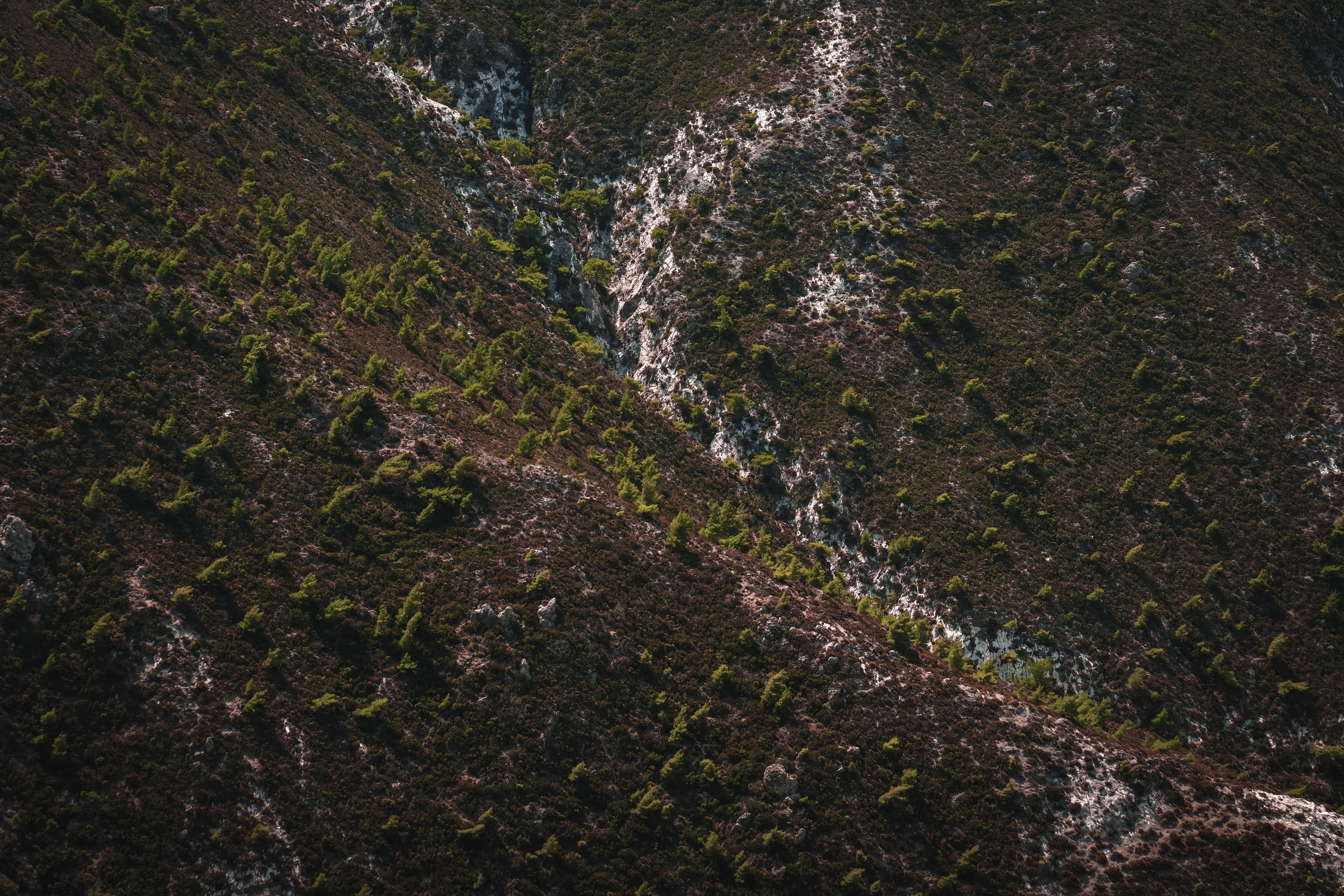 Aerial view of a sloped rocky hillside
